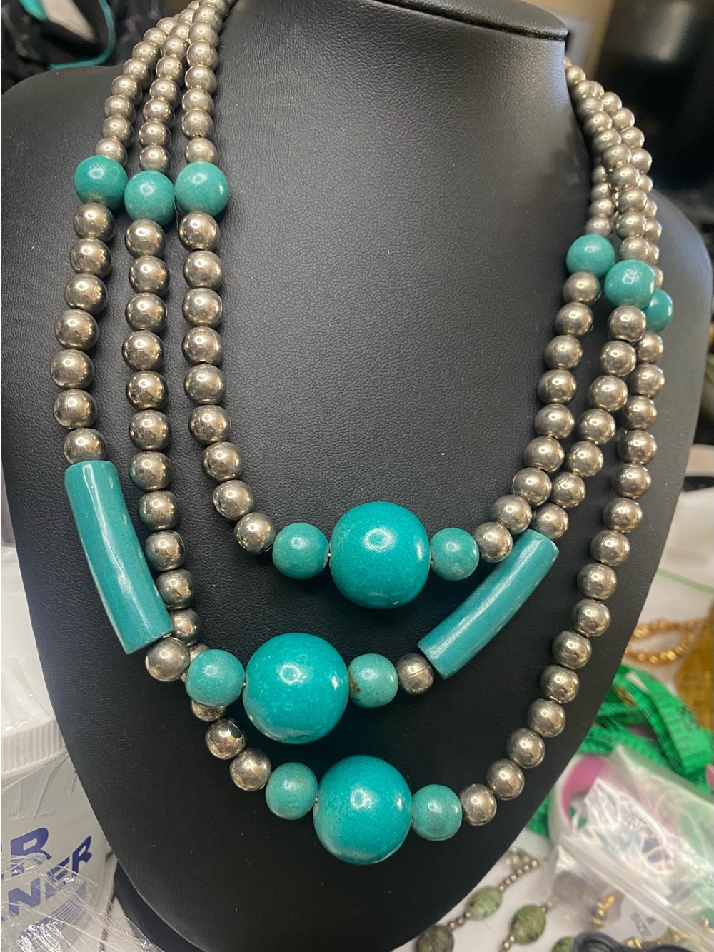 Vintage Karla Jordan 3 Strand Turquoise Blue Silver Tone Beaded Necklace